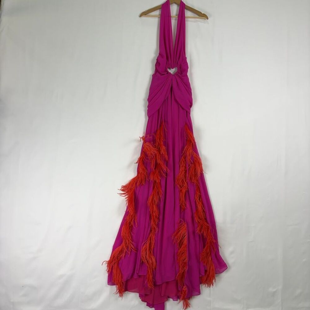 NERVI Feather Dress in Fuchsia  Womens Long Maxi Heart Gown